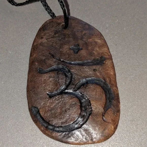 Artisan Handcrafted Wood Burnout OM Symbol Pendant - Picture 3 of 8